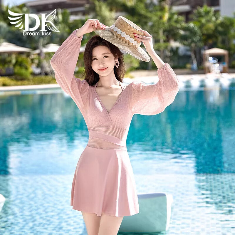 DK Women's Swimsuit, 2026 New Style, One-Piece Long Sleeve, Slimming, Elegant, Conservative, Suitable for Hot Springs, Beautiful Adult Swimwear, M Size