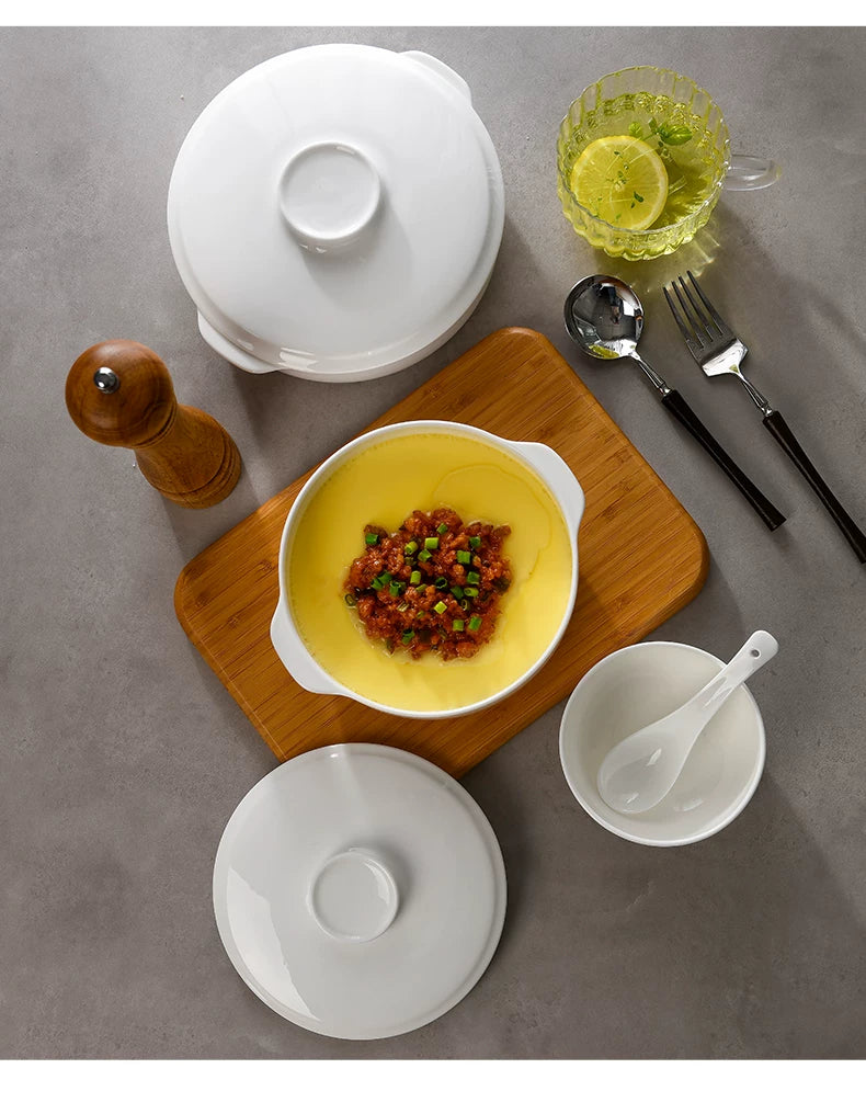 Bone China Double-Handle Steaming Bowl for Egg Custard, Microwaveable Steaming Bowl with Lid, Ceramic Food-Grade Japanese-Style Household Underglaze Color