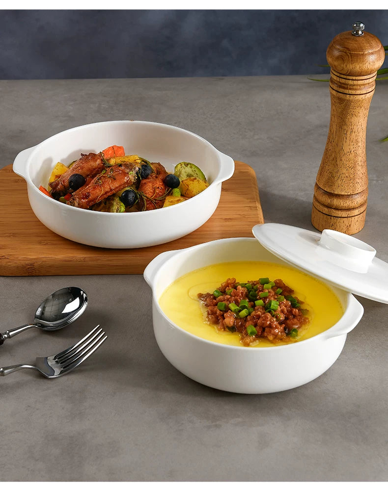 Bone China Double-Handle Steaming Bowl for Egg Custard, Microwaveable Steaming Bowl with Lid, Ceramic Food-Grade Japanese-Style Household Underglaze Color