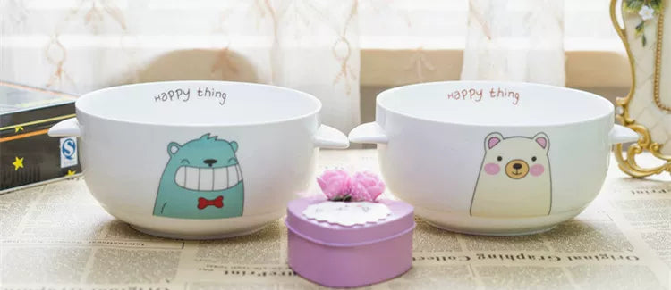 Double-Eared Ceramic Instant Noodle Bowl with Lid, High Aesthetic Value, Suitable for Dormitory Students, Microwaveable, Cute Korean/Japanese Style, Large Capacity Bowl