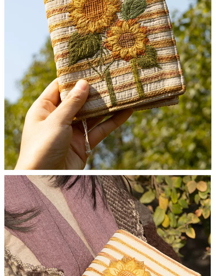 Life Comic Sunflower Embroidery A5B6A6 Handmade Cloth Book Cover Journal Book Sleeve Book Protector Cultural and Creative Gift