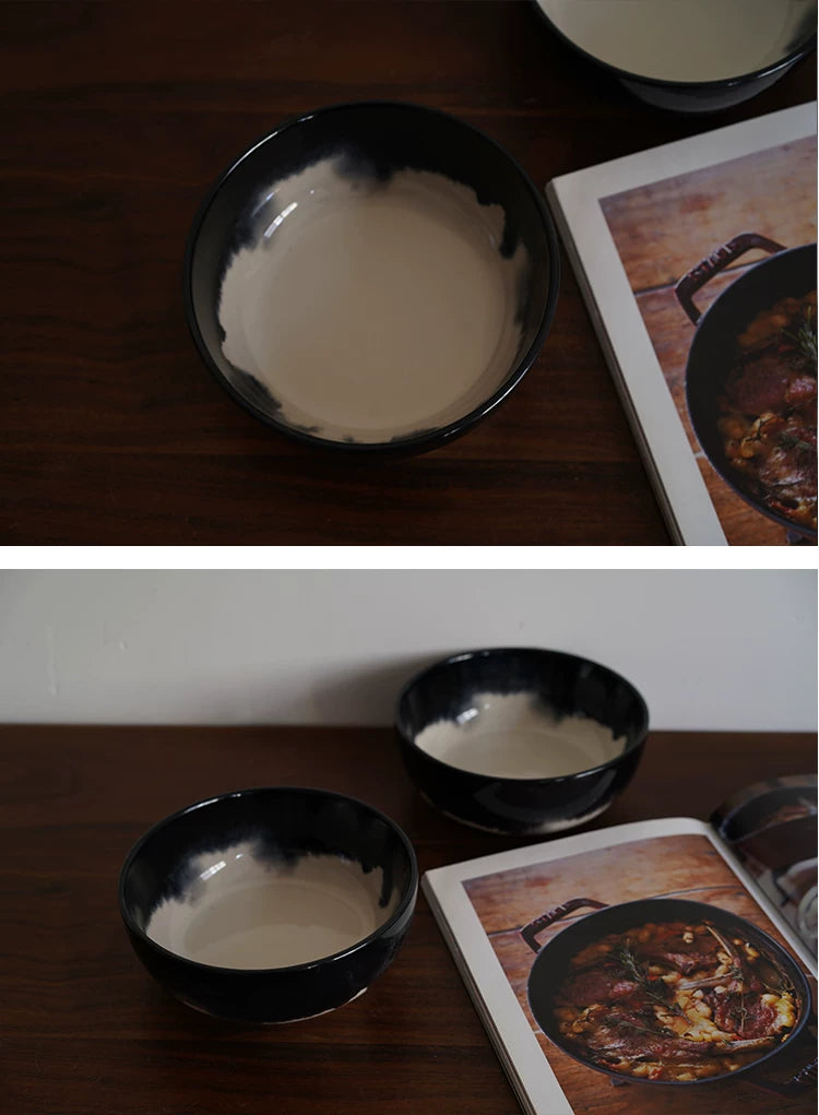 Designer Style, Exported to Northern Europe, Ink-Splashed Landscape Black and White Ceramic 6inch Deep Bowl, Noodle Bowl, Salad Bowl, Fruit Bowl