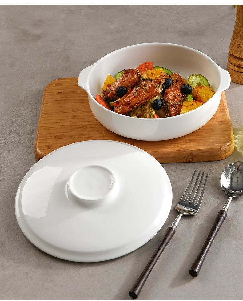 Bone China Double-Handle Steaming Bowl for Egg Custard, Microwaveable Steaming Bowl with Lid, Ceramic Food-Grade Japanese-Style Household Underglaze Color