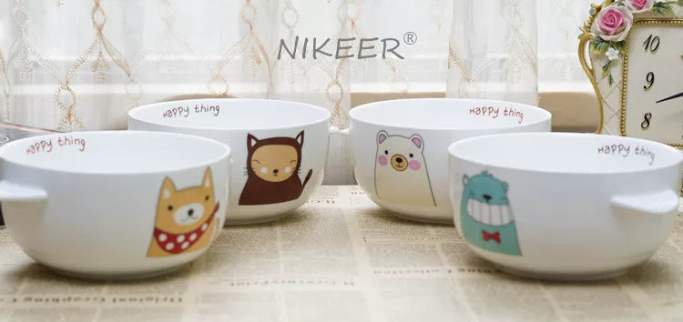 Double-Eared Ceramic Instant Noodle Bowl with Lid, High Aesthetic Value, Suitable for Dormitory Students, Microwaveable, Cute Korean/Japanese Style, Large Capacity Bowl
