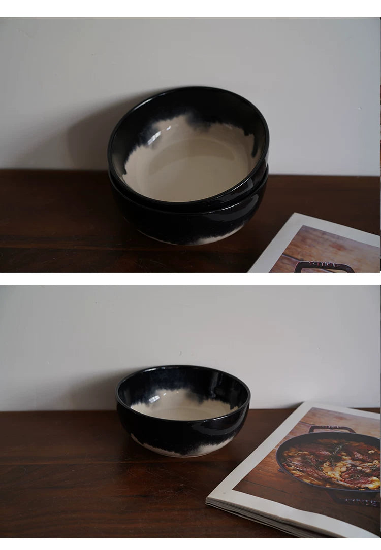 Designer Style, Exported to Northern Europe, Ink-Splashed Landscape Black and White Ceramic 6inch Deep Bowl, Noodle Bowl, Salad Bowl, Fruit Bowl