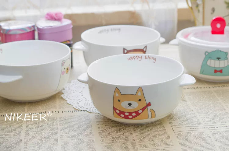 Double-Eared Ceramic Instant Noodle Bowl with Lid, High Aesthetic Value, Suitable for Dormitory Students, Microwaveable, Cute Korean/Japanese Style, Large Capacity Bowl