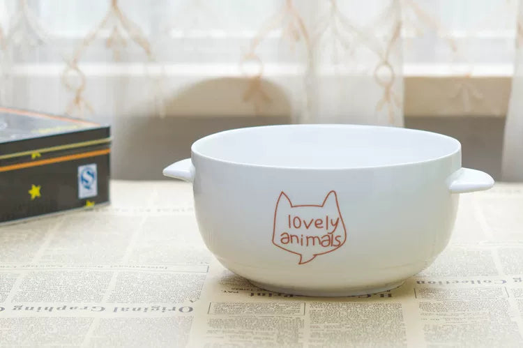 Double-Eared Ceramic Instant Noodle Bowl with Lid, High Aesthetic Value, Suitable for Dormitory Students, Microwaveable, Cute Korean/Japanese Style, Large Capacity Bowl