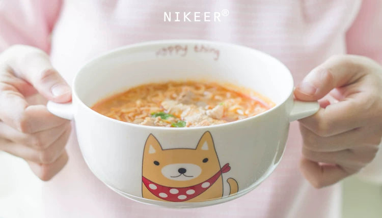 Double-Eared Ceramic Instant Noodle Bowl with Lid, High Aesthetic Value, Suitable for Dormitory Students, Microwaveable, Cute Korean/Japanese Style, Large Capacity Bowl
