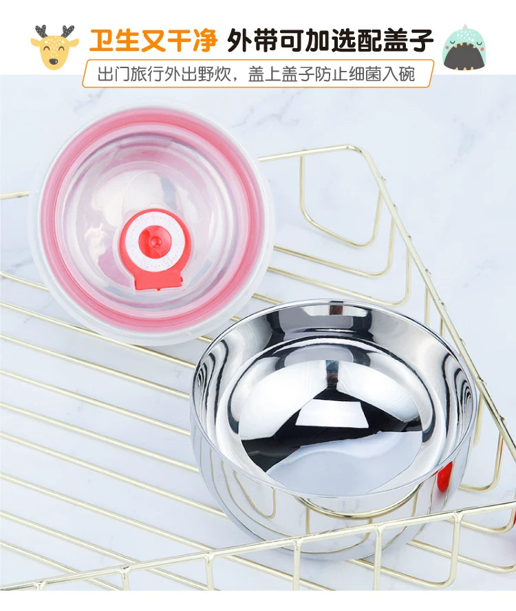 Children's Baby Kindergarten Rice Bowl with Lid, 304 Food-Grade Stainless Steel Bowl, Household Thickened Anti-Scald Tableware with Engraving