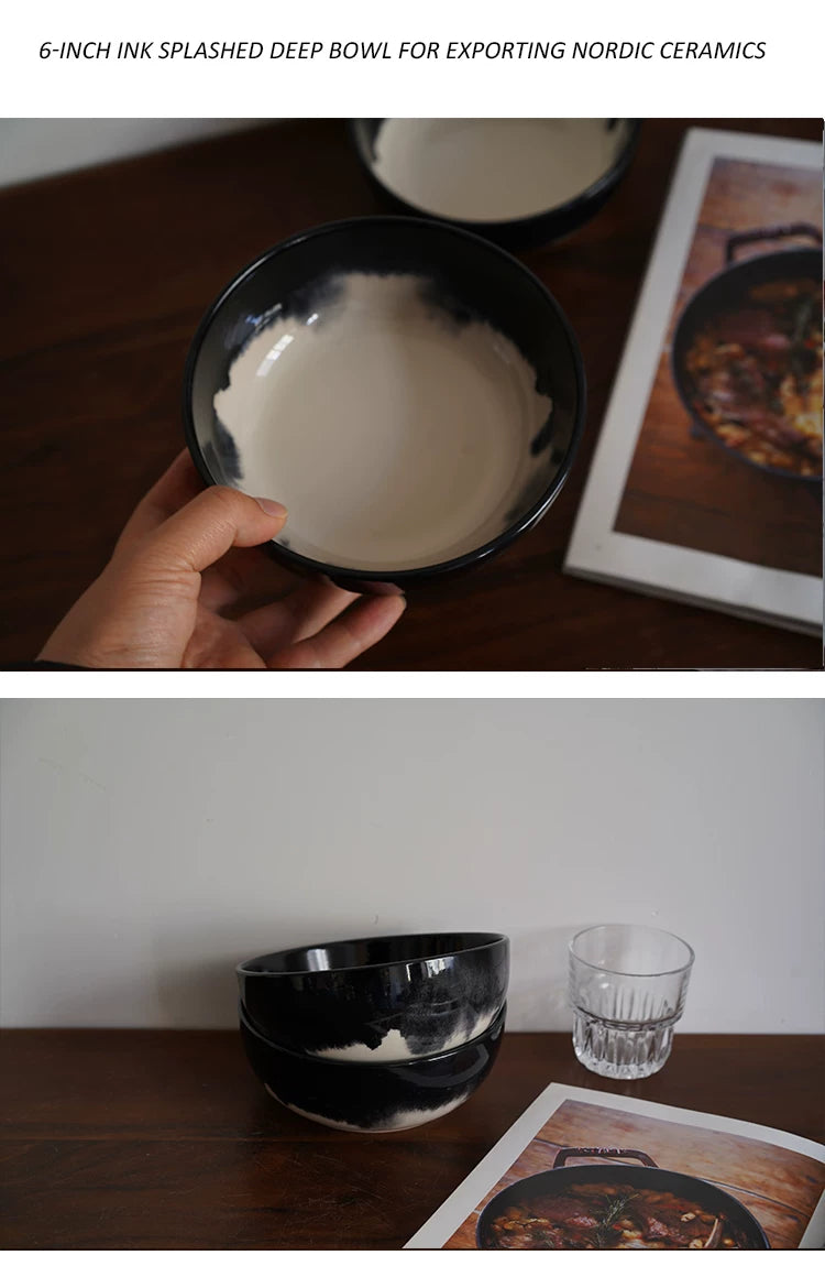 Designer Style, Exported to Northern Europe, Ink-Splashed Landscape Black and White Ceramic 6inch Deep Bowl, Noodle Bowl, Salad Bowl, Fruit Bowl
