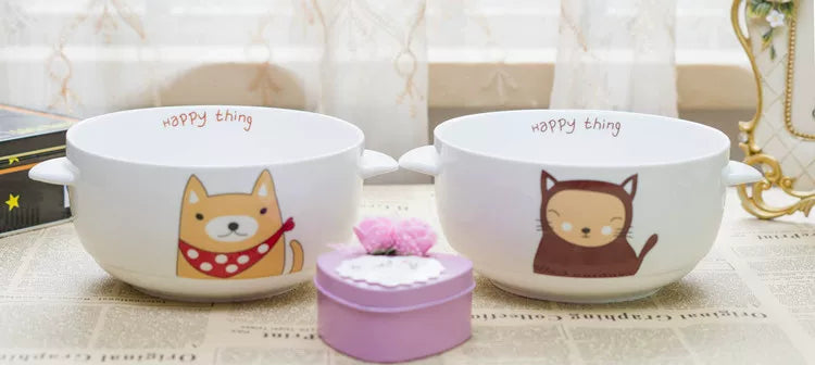 Double-Eared Ceramic Instant Noodle Bowl with Lid, High Aesthetic Value, Suitable for Dormitory Students, Microwaveable, Cute Korean/Japanese Style, Large Capacity Bowl