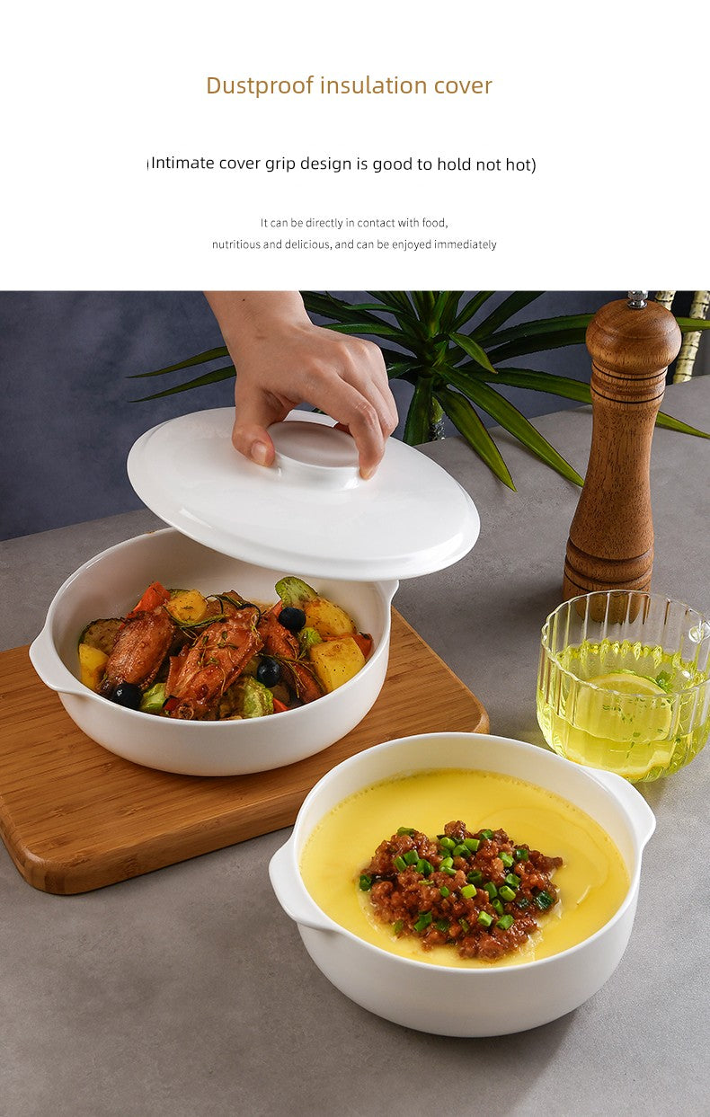 Bone China Double-Handle Steaming Bowl for Egg Custard, Microwaveable Steaming Bowl with Lid, Ceramic Food-Grade Japanese-Style Household Underglaze Color