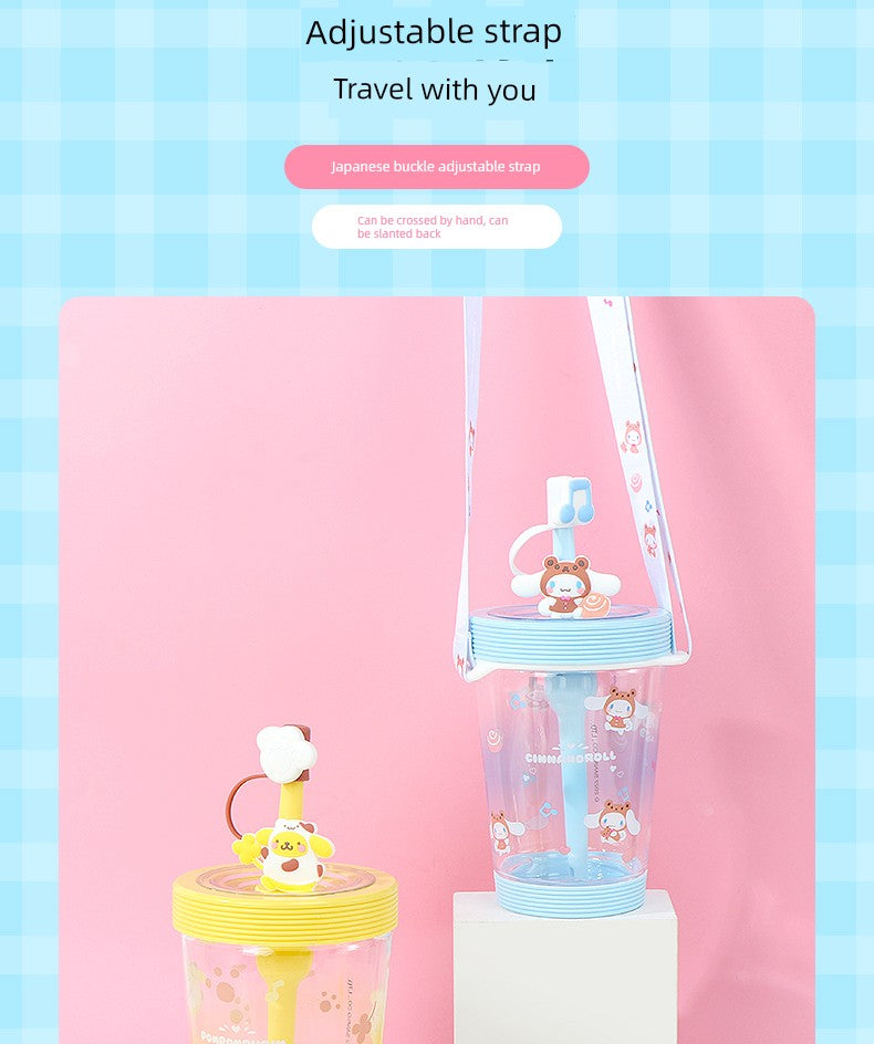 Miniso Sanrio Straw Cup with Strap, Plastic Cup, Pochacco Cinnamoroll Portable Water Cup