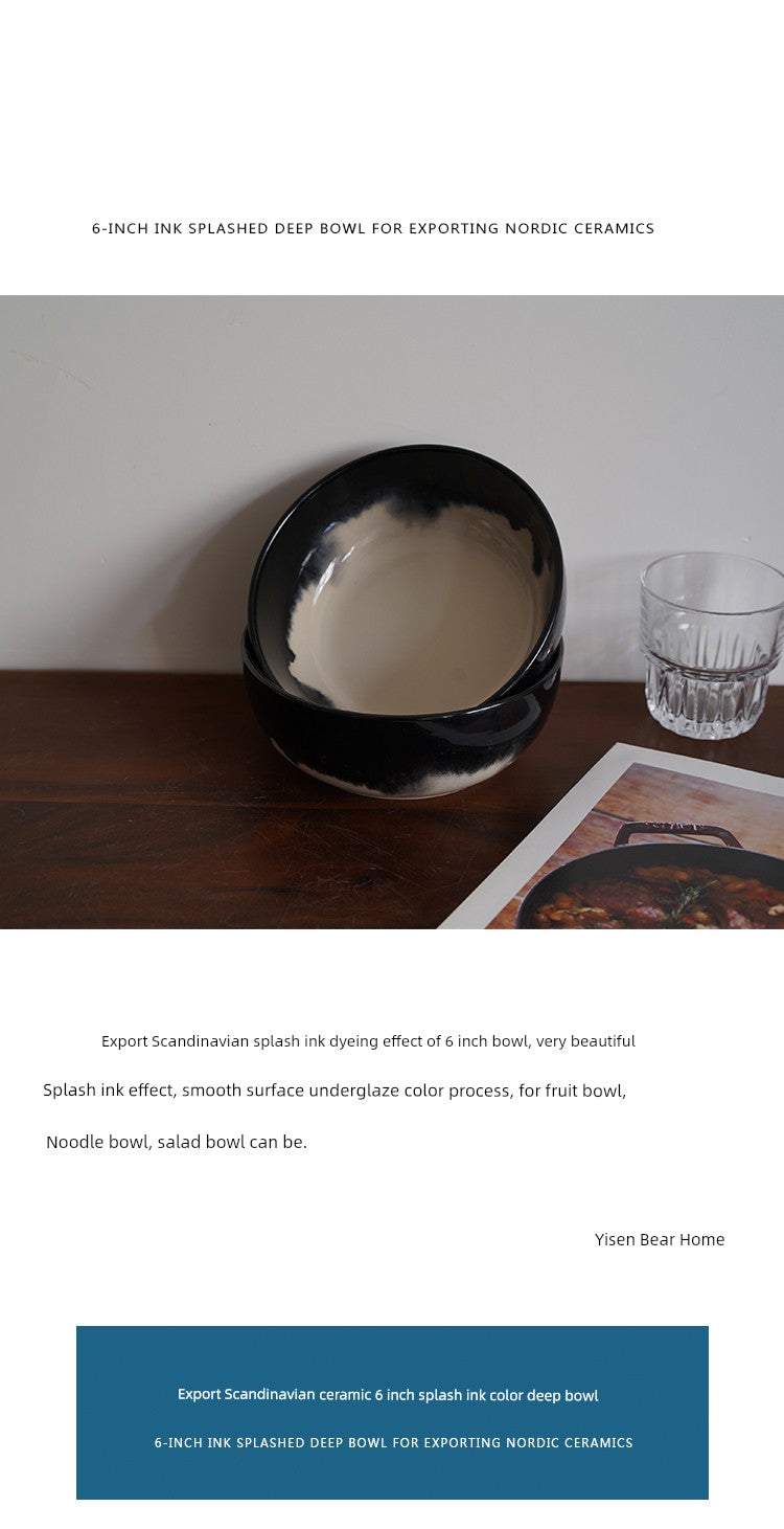 Designer Style, Exported to Northern Europe, Ink-Splashed Landscape Black and White Ceramic 6inch Deep Bowl, Noodle Bowl, Salad Bowl, Fruit Bowl