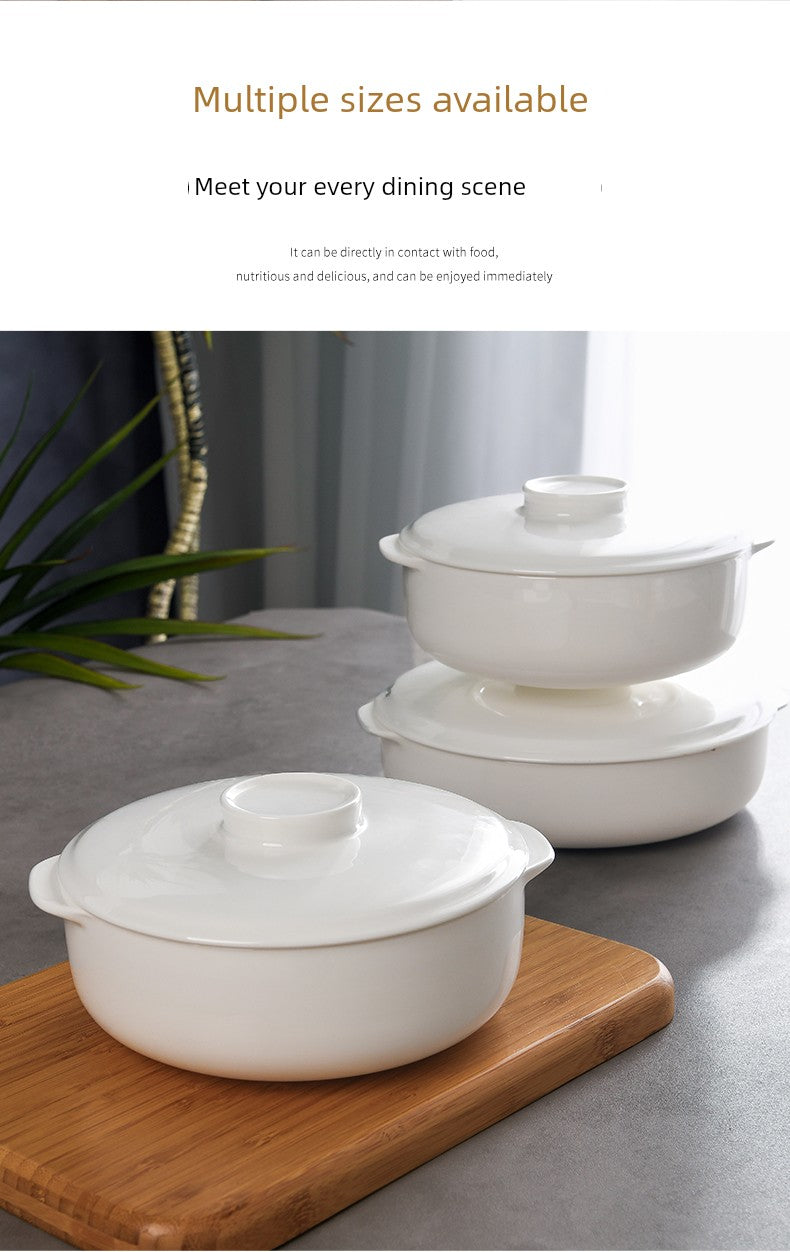 Bone China Double-Handle Steaming Bowl for Egg Custard, Microwaveable Steaming Bowl with Lid, Ceramic Food-Grade Japanese-Style Household Underglaze Color