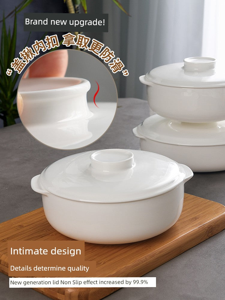 Bone China Double-Handle Steaming Bowl for Egg Custard, Microwaveable Steaming Bowl with Lid, Ceramic Food-Grade Japanese-Style Household Underglaze Color