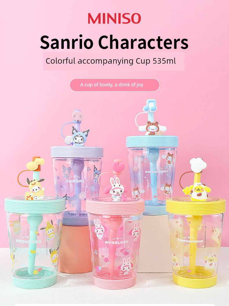 Miniso Sanrio Straw Cup with Strap, Plastic Cup, Pochacco Cinnamoroll Portable Water Cup