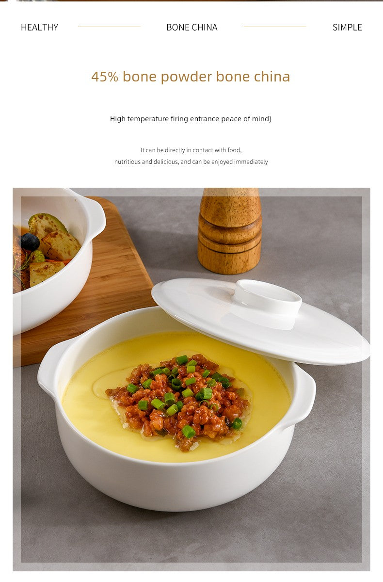 Bone China Double-Handle Steaming Bowl for Egg Custard, Microwaveable Steaming Bowl with Lid, Ceramic Food-Grade Japanese-Style Household Underglaze Color