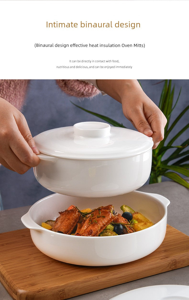 Bone China Double-Handle Steaming Bowl for Egg Custard, Microwaveable Steaming Bowl with Lid, Ceramic Food-Grade Japanese-Style Household Underglaze Color