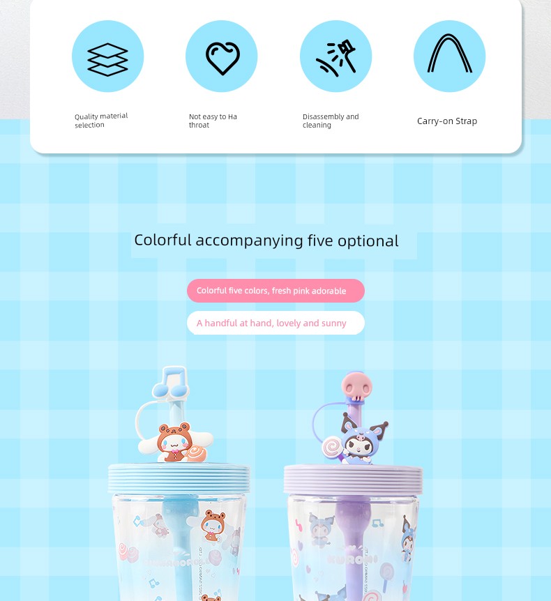 Miniso Sanrio Straw Cup with Strap, Plastic Cup, Pochacco Cinnamoroll Portable Water Cup