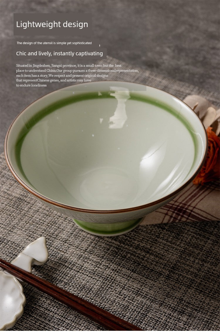 Handmade Gold-Inlaid Ceramic Bowl with High Rim, Suitable for Home Use, Ceramic Rice Bowl, Salad Bowl, Ramen Bowl, Commercial Use