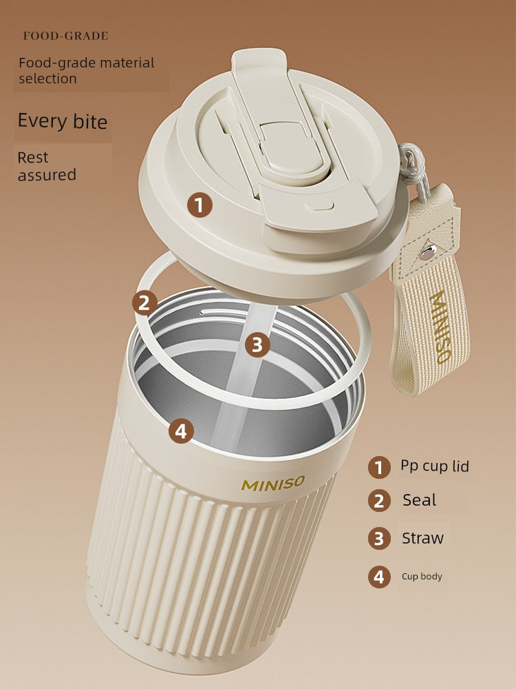 Miniso Insulated Cup, High-Looking Coffee Cup, Portable for Men and Women, Student Double-Drink Straw Water Cup, 2026 New Model