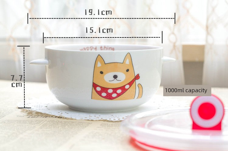 Double-Eared Ceramic Instant Noodle Bowl with Lid, High Aesthetic Value, Suitable for Dormitory Students, Microwaveable, Cute Korean/Japanese Style, Large Capacity Bowl