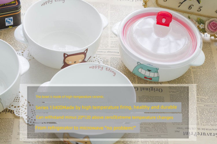 Double-Eared Ceramic Instant Noodle Bowl with Lid, High Aesthetic Value, Suitable for Dormitory Students, Microwaveable, Cute Korean/Japanese Style, Large Capacity Bowl