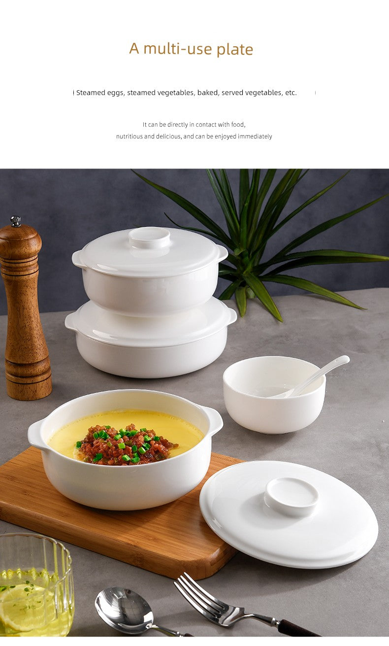 Bone China Double-Handle Steaming Bowl for Egg Custard, Microwaveable Steaming Bowl with Lid, Ceramic Food-Grade Japanese-Style Household Underglaze Color