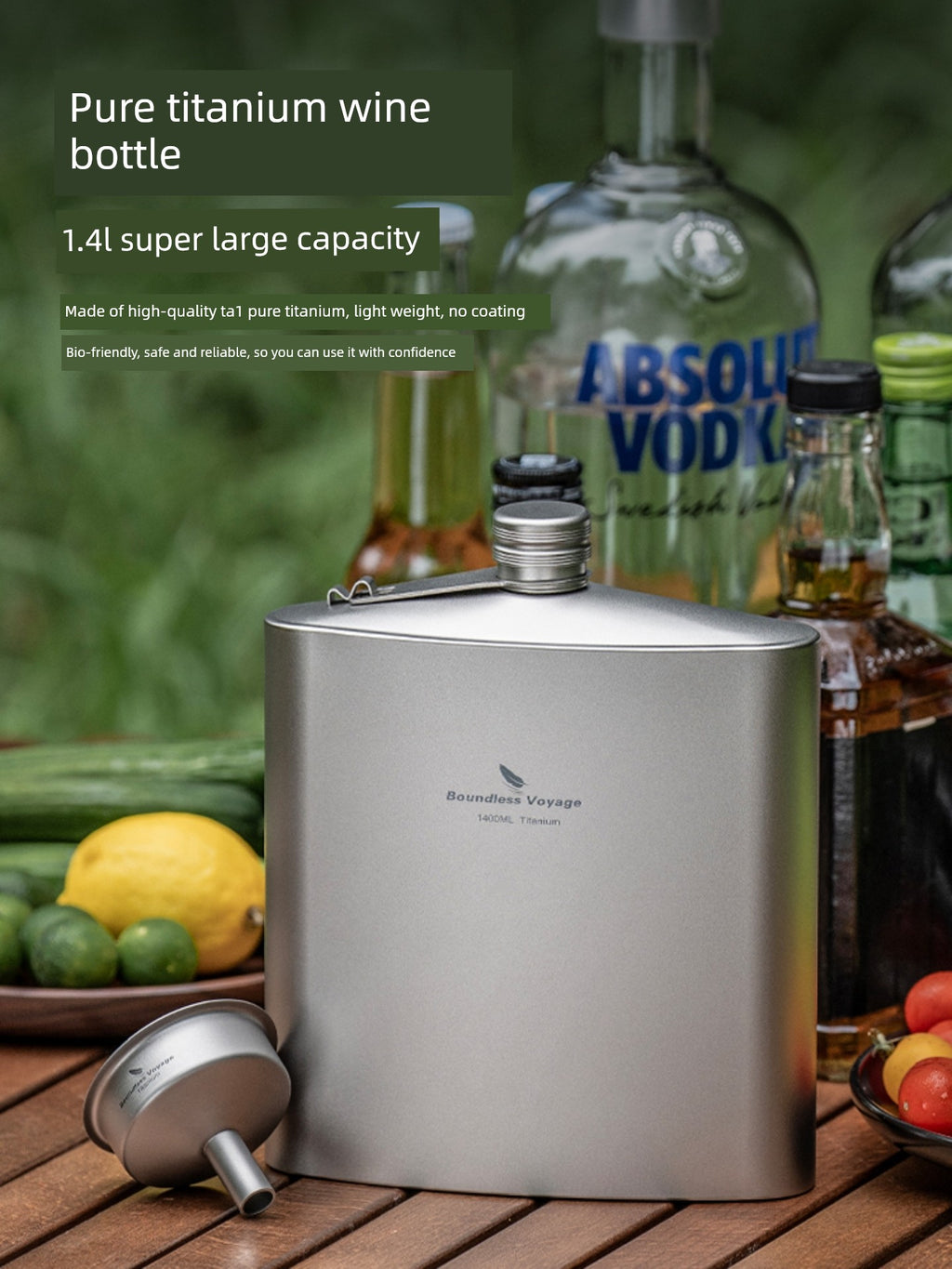 Biwei Pure Titanium Flask Large Capacity Portable Outdoor Water Bottle Home Car Flat Liquor Bottle Square Open Flame