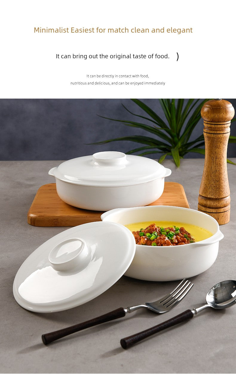 Bone China Double-Handle Steaming Bowl for Egg Custard, Microwaveable Steaming Bowl with Lid, Ceramic Food-Grade Japanese-Style Household Underglaze Color