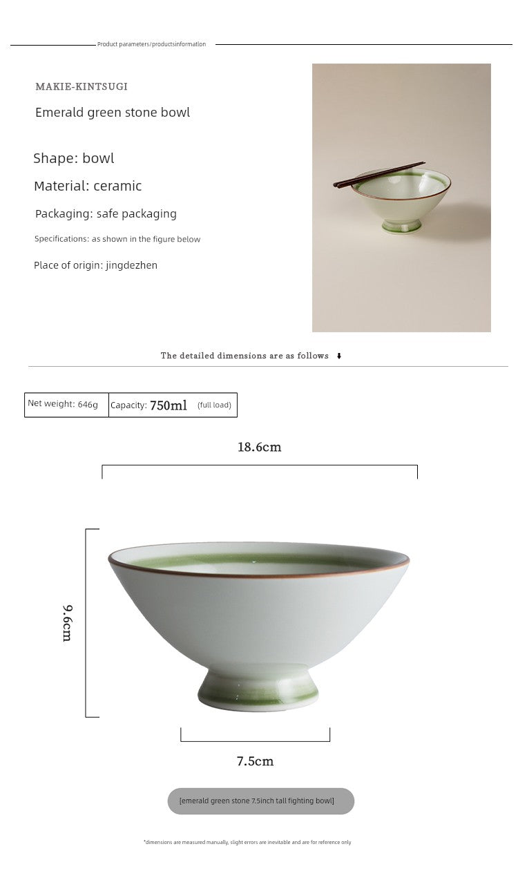 Handmade Gold-Inlaid Ceramic Bowl with High Rim, Suitable for Home Use, Ceramic Rice Bowl, Salad Bowl, Ramen Bowl, Commercial Use