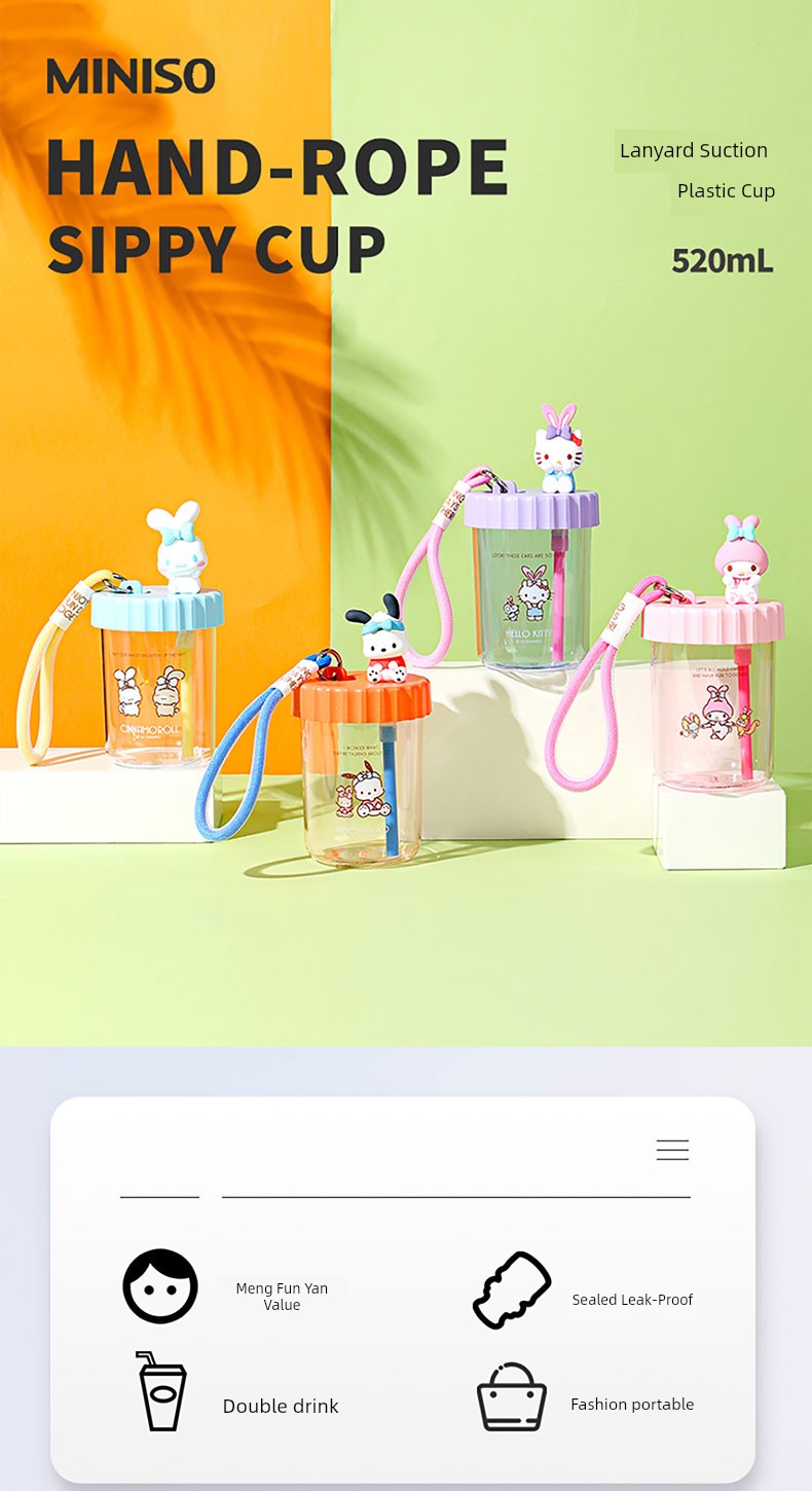 Miniso Sanrio Straw Cup with Strap, Plastic Cup, Pochacco Cinnamoroll Portable Water Cup