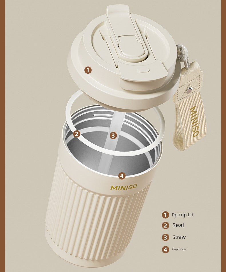 Miniso Insulated Cup, High-Looking Coffee Cup, Portable for Men and Women, Student Double-Drink Straw Water Cup, 2026 New Model